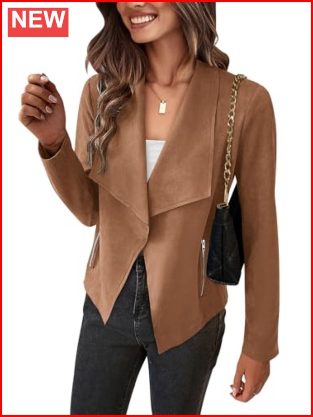 Women's Faux Suede Cropped Jacket Open Front Waterfall Collar Long Sleeve Casual